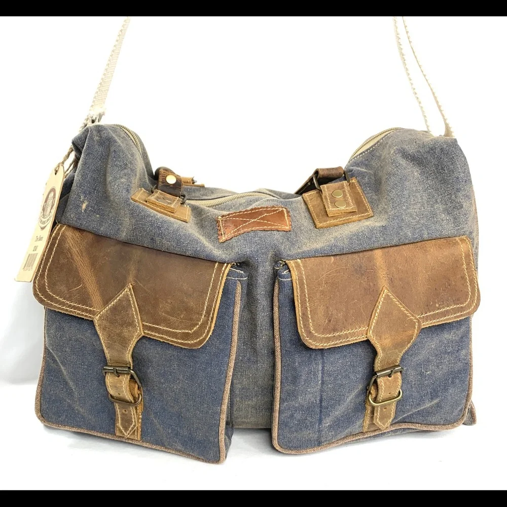 The Barrel Shack Owen Blue Canvas Large Messenger Bag Brown Leather Trim